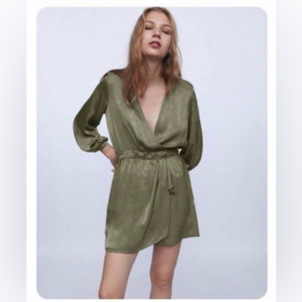 Zara Long sleeve Romper Green Satin with Skirt in front